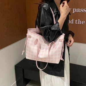 Pink gingham tote bag with leather handles and side drawstrings for women's daily commute
