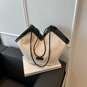 Women Fashion Corduroy Tote Bag Contrast PU Leather Trim V Shaped Shoulder Bag With Cloud Charm Daily Underarm Bag
