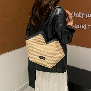 Retro corduroy tote bag with black leather trim and large capacity for women commuting