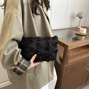 Elegant 3D black rose fabric evening clutch bag for party and formal wear styling