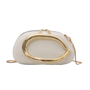 Minimalist white patent leather pillow bag with gold oval handle and chain strap