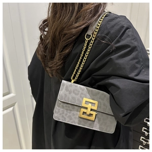 Detail of grey leopard print square bag featuring a vintage gold metal buckle and chain strap