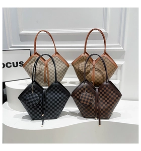 Detail view of four checkerboard tote bags with floral patterns and coin purses