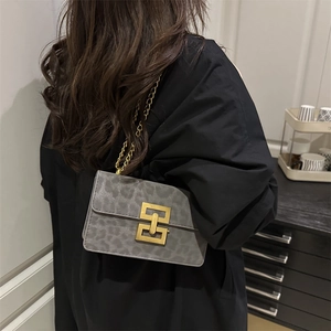Chic vintage grey leopard print crossbody bag with gold buckle and chain strap