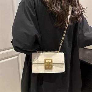 Retro cream square shoulder bag with animal texture and gold chain strap for women