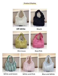Collage showing various colors of waffle textured tote bags with pleated details