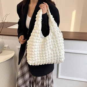 White bubble texture hobo bag with pleated canvas design, large capacity shoulder tote bag
