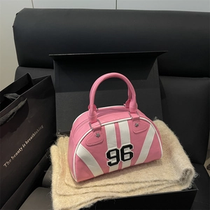 American Retro Women Boston Bag PU Leather Contrast Stripe Handbag With Number 96 And Star Rivet Chic Shoulder Bag