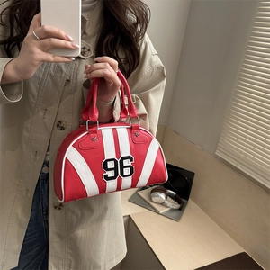 Retro red leather bowling bag with white stripes and 96 applique for daily commute outfits
