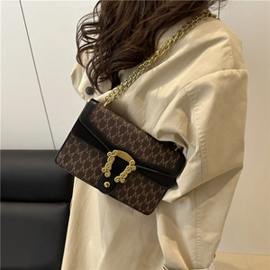 Retro brown monogram crossbody bag with gold chain strap and vintage clasp for women