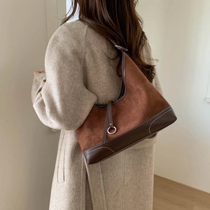 Retro contrast suede hobo bag with deep brown leather trim and white stitching details