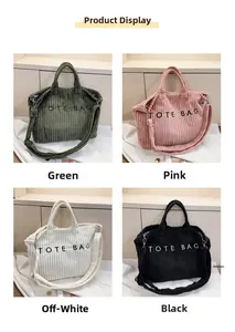 Corduroy tote bag details showing green, pink, beige and black color options with embroidery