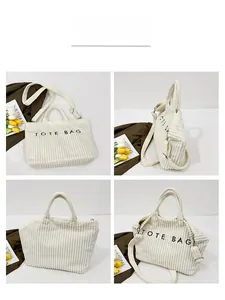 Four views of a large beige corduroy tote bag with TOTE BAG print and adjustable strap