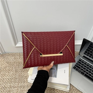 Pochette Enveloppe en Cuir PU à Texture Tissée avec Bordure en Métal Doré Sac à Main Femme pour Soirée Banquet Quotidien