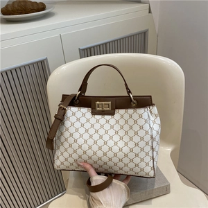 Vintage Monogram PU Leather Handbag For Women Fashion Crossbody Shoulder Bag With Gold Metal Lock Square Top Handle Satchel Bag