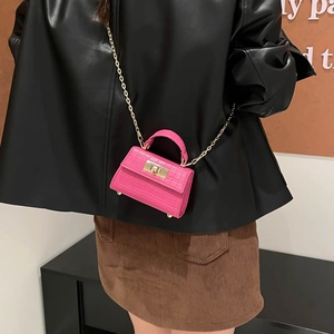 Mini rose pink crocodile texture handbag with gold chain and top handle for women