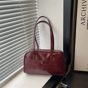 Retro wine red glossy leather pillow bag with long shoulder straps for women