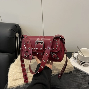 Vintage Punk Rivet Underarm Bag Y2K Faux Leather Shoulder Bag With Silver Studs Metal Eyelet Buckle Baguette Handbag