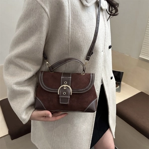 Retro dark brown crossbody bag with matte ring buckle and white contrast stitching