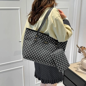 Grand sac cabas noir avec imprimé géométrique classique et pochette assortie pour femmes