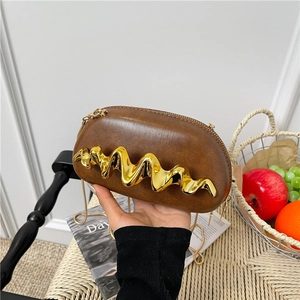 Women Niche PU Leather Box Bag Golden Wave Metal Decor Chain Crossbody Bag Trendy Street Style Evening Dinner Clutch Bag