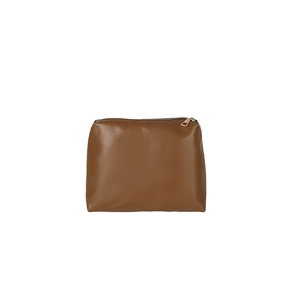 Brown faux leather tote bag with gold zipper closure and spacious minimalist design