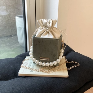 Sac Bandoulière Femme Poignée Künstliche Perles Cuir PU Mini Sac Seau Cordon Vintage Chaîne Métallique Sac Carré pour Fête
