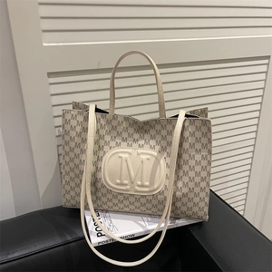 Women Monogram Letter Print Tote Bag Large Capacity Synthetic Leather Shoulder Bag Embossed Logo Commuter Retro Handbag
