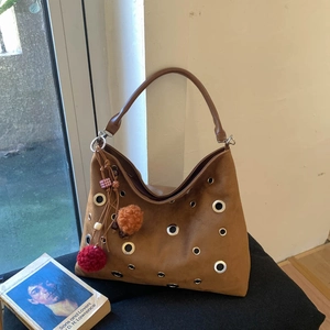 Women Faux Suede Crossbody Bag Retro Grommet Rivet Hobo Shoulder Bag With Pom Pom Charm Large Capacity Satchel Bag For Women