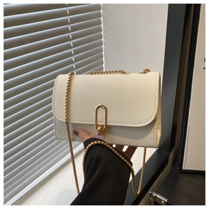 Close-up of cream flap crossbody bag with gold chain strap and oval metal clasp detail