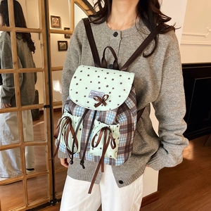 Vintage preppy backpack with lace bow, mint green star flap and blue plaid canvas pattern