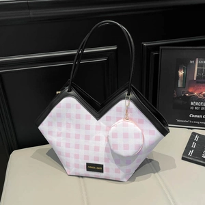 Sac Cabas à Carreaux de Mode pour Femmes Grande Capacité Sac à Épaule de Niche Avec Pendentif Porte-Monnaie Rond