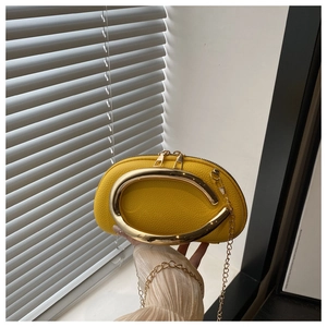 Detail of ginger yellow semicircular acrylic clutch with gold C-handle and fine chain strap