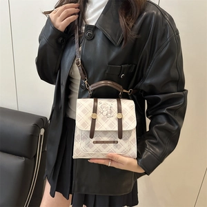 Petit sac à main carré à carreaux avec imprimé chien de dessin animé et poignée