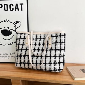 Large capacity black and white tweed striped tote bag with cream leather straps
