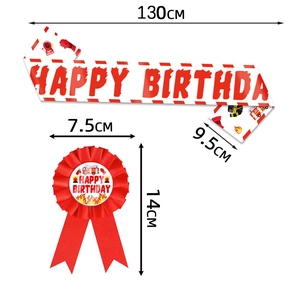 Firefighter themed birthday party set with red happy birthday sash and badge accessory
