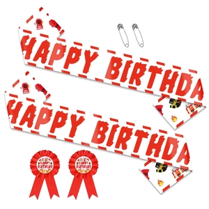 Detail of firefighter birthday party sash and badge set with happy birthday text