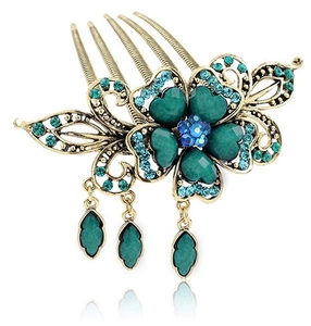Vue détaillée du peigne à cheveux fleur vintage avec pierres turquoise et glands