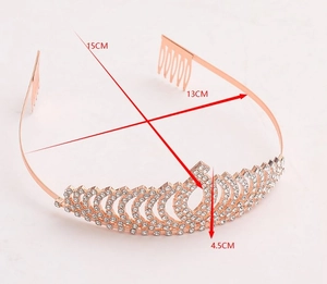 Macro shot of rose gold rhinestone wedding crown showing metal comb and precise dimensions