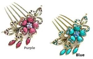 Détails de peignes à cheveux vintage avec strass violets et bleus sur bronze poli
