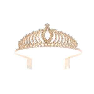 Macro shot of gold bridal tiara with sparkling rhinestones and securing metal combs