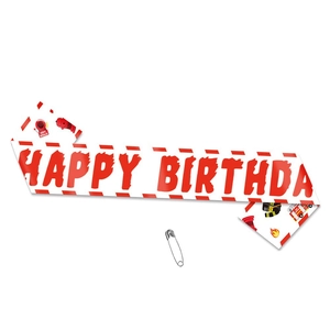 Firefighter birthday party sash with red Happy Birthday text and firefighting graphics