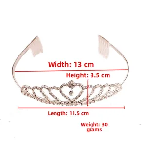 Detailed view of silver heart rhinestone crown headband with 13x11.5x3.5cm dimensions