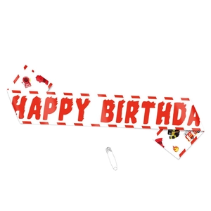 Firefighter birthday party sash with happy birthday text and fire truck icons