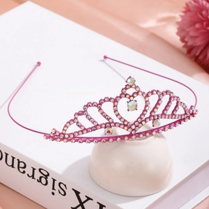 Elegant pink rhinestone tiara crown with heart center design and metal headband for girls