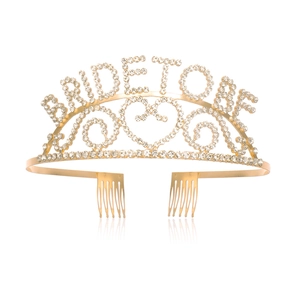 Detail of Bride To Be gold tiara with white rhinestones and secure metal hair combs