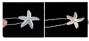 Detail view of starfish hair pin showing rhinestone inlay and silver alloy U-shaped clip