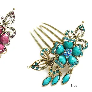 Peigne à cheveux fleur vintage avec strass bleus et violets et pendentifs goutte d'eau