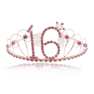 Couronne 16 ans en or rose avec strass roses et peignes pour fête d'anniversaire