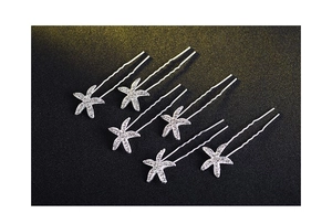 Set of 6 bridal starfish hair pins with sparkling rhinestones on silver U-shaped clips